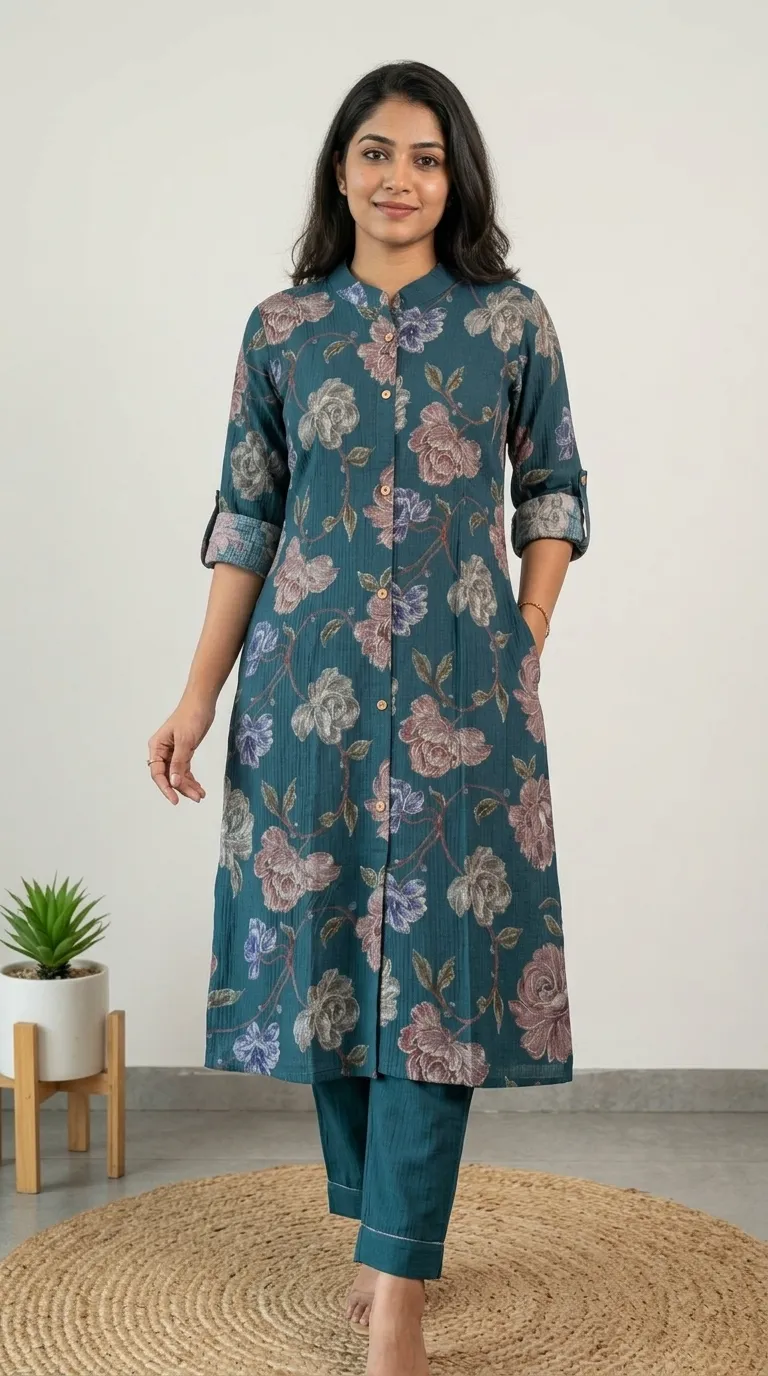 Teal Blue Floral Printed Kurti Pant Set